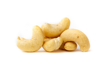 Cashew nuts as a background, top view. Cashew isolated on white background. Healthy foods.