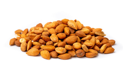 Apricot kernels peeled close-up as a background. Apricot grains heap isolated on white background.