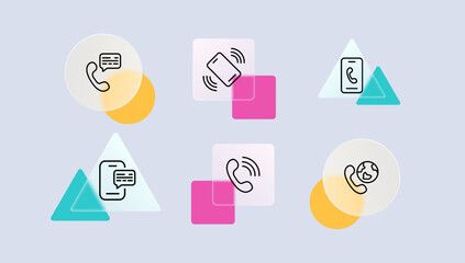 Call set icon. Handset, silent mode, phone number, speech bubble, network, tick, cross, globe, message, speech bubble. Contact us concept. Glassmorphism style. Vector line icon for Business