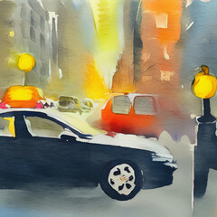 Watercolor hand drawn illustration of street view in New York at night, people at street walking, yellow taxi. Manhattan watercolor drawing, print template, poster, greeting card
