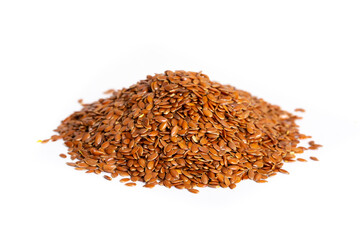 Flax seeds on a white background. Flaxseed for replenishment of omega 3 fatty acids. Healthy food for vegetarians.