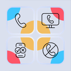 Call set icon. Handset, silent mode, phone number, speech bubble, network, tick, cross, monitor, message, speech bubble. Contact us concept. Neomorphism style. Vector line icon for Business
