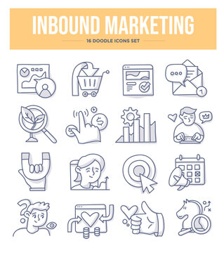 Inbound Marketing. Building Lasting Relationship With Customers By Creating Valuable Content And Experience. Doodle Icons Set 