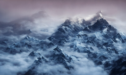 Fototapeta na wymiar View of the Himalayas during a foggy sunset night - Mt Everest visible through the fog with dramatic and beautiful lighting