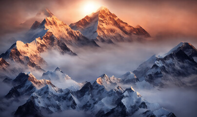 View of the Himalayas during a foggy sunset night - Mt Everest visible through the fog with...
