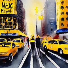 Watercolor hand drawn illustration of street view in New York at night, people at street walking, yellow taxi. Manhattan watercolor drawing, print template, poster, greeting card