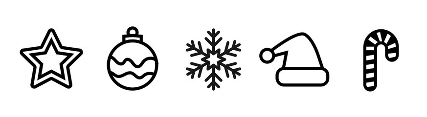 Set of New Year thin line icons for Christmas, parties and celebrations. Collection of contour symbols on white background. Vector illustration