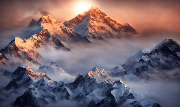 View of the Himalayas during a foggy sunset night - Mt Everest visible through the fog with dramatic and beautiful lighting