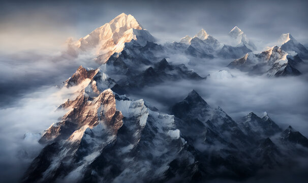 View of the Himalayas during a foggy sunset night - Mt Everest visible through the fog with dramatic and beautiful lighting