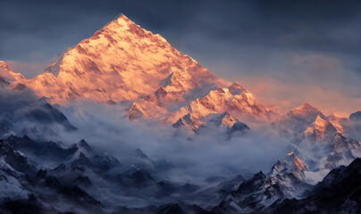 View of the Himalayas during a foggy sunset night - Mt Everest visible through the fog with dramatic and beautiful lighting