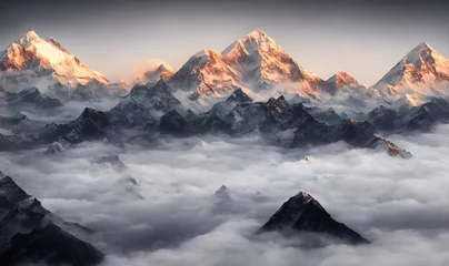 Deurstickers Mount Everest View of the Himalayas during a foggy sunset night - Mt Everest visible through the fog with dramatic and beautiful lighting