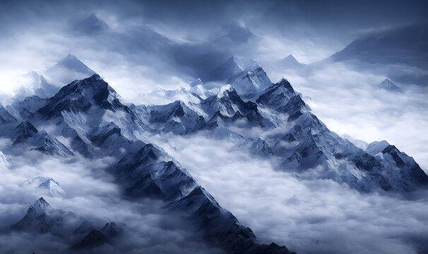 View of the Himalayas during a foggy sunset night - Mt Everest visible through the fog with dramatic and beautiful lighting