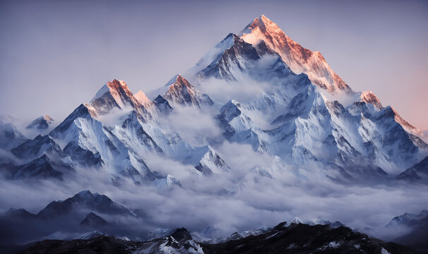 View of the Himalayas during a foggy sunset night - Mt Everest visible through the fog with dramatic and beautiful lighting