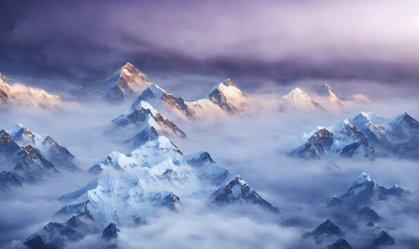 View of the Himalayas during a foggy sunset night - Mt Everest visible through the fog with dramatic and beautiful lighting