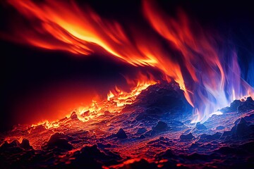A computer generated fire and ice image depicting flames and ice together in an orange and blue abstract background. A.I. generated art.
