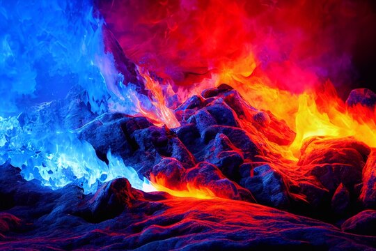 A computer generated fire and ice image depicting flames and ice together in an orange and blue abstract background. A.I. generated art.