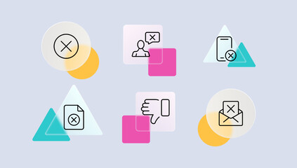 Cross set icon. Forbidden, error, phone, speech bubble, file, access error, denied, cancel, close, breakage. Check mark concept. Glassmorphism style. Vector line icon for Business