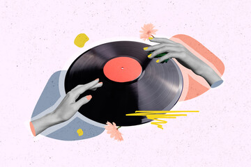 Composite collage illustration of two human arms black white effect play dj vinyl record isolated on drawing background