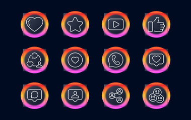 Buttons for the website set icon. Feedback, feedback, like, comment, star, favorite, share, call back, emoticon, hierarchy. Glassmorphism style. Vector line icon for Business