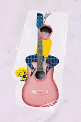 Exclusive painting sketch image of funny funky person mouth instead of head sitting guitar singing...