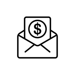 Paid mail line icon. Letter, envelope, dollar, coin, addressee, sender correspondence, letters, send message. Communication concept. Vector black line icon on a white background