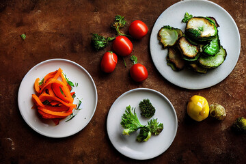 grilled eggplant with vegetables, mix of fresh grilled vegetables, healthy vegan vegetarian meal, 3d render, 3d illustration