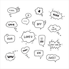 Obraz premium Cute hand drawn doodle vector set speech bubbles with dialog words love, kiss, hug, sweet, honey. Isolated on white background