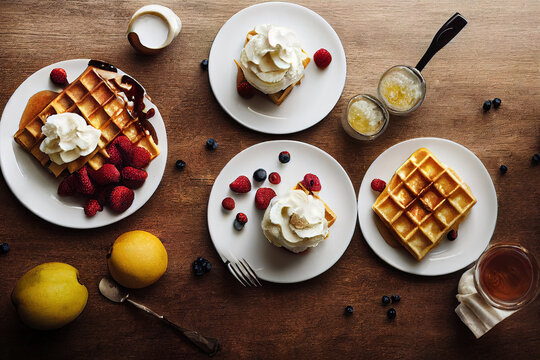 Belgian waffles with whipped cream, maple syrup and a mix of fresh fruits, 3d render, 3d illustration