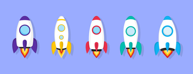 Set of five rocket or spaceship colorful icons isolated. Сollection of flying vehicles on a colored background. Rocket start up, innovation development technology. Launch symbol of new businesses.