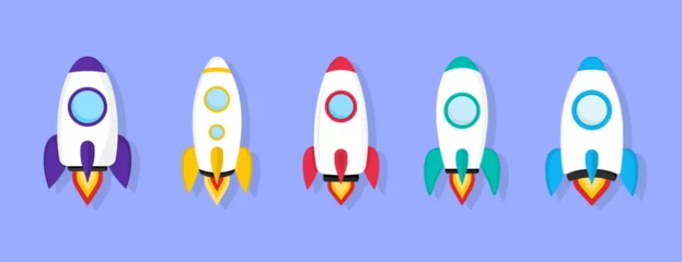 Foto op Plexiglas Ruimteschip Set of five rocket or spaceship colorful icons isolated. Сollection of flying vehicles on a colored background. Rocket start up, innovation development technology. Launch symbol of new businesses.