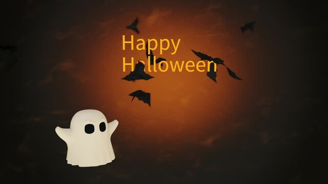 Funny Halloween card with animated ghost and bats. 3d rendering	