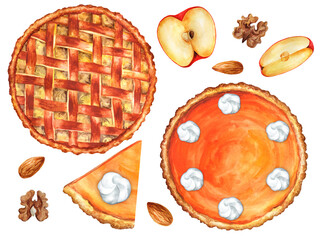 Pumpkin and American apple pie on a white background - obrazy, fototapety, plakaty