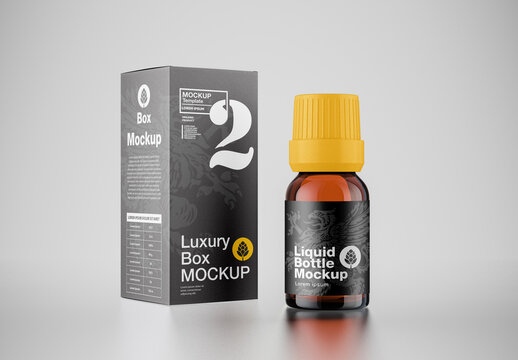 Amber Glass Medicine Bottle With Box Mockup