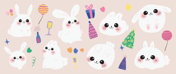 Set of cute white rabbit element vector. Adorable bunny with different poses, gift, balloon, party hat, heart. Collection of animal and many new year party element design for decorative, card, kids.