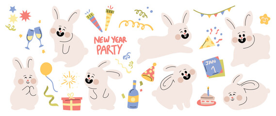 Set of cute white rabbit element vector. Adorable bunny with different poses, firework, balloon, party hat, cake. Collection of animal and new year party element design for decorative, card, kids.