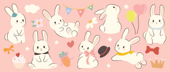 Foto op Aluminium Set of cute white rabbit element vector. Adorable bunny with different poses, carrot, balloon, ribbon, flowers. Collection of animal and many characters hand drawn design for decorative, card, kids. © TWINS DESIGN STUDIO