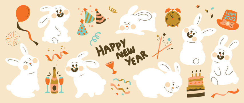 Set Of Cute White Rabbit Element Vector. Adorable Bunny With Different Poses, Firework, Balloon, Party Hat, Cake. Collection Of Animal And New Year Party Element Design For Decorative, Card, Kids.