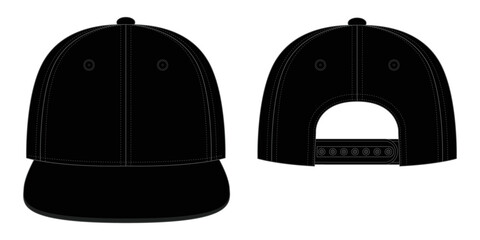 Blank Black Hip Hop Cap With Adjustable Snap Back Strap Closure Template On White Background, Vector File