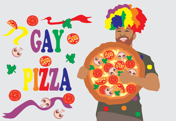 Gay with pizza. A gay man in a rainbow-colored wig holds in 
his hands a round large pizza with mushrooms champignons, cheese, sausage and tomatoes. Vector illustration.