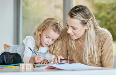 Fototapeta premium Mother help youth girl with school work, homework or preschool education while writing in notebook. Mom helping, teaching or tutor daughter, student or young learning kid in math, history or english