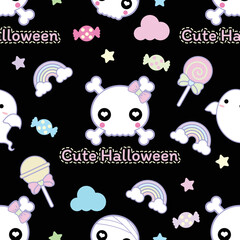 Cute and sweet seamless pattern halloween theme decorate with head skull cute ghost and candy.