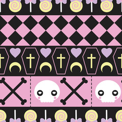Cute seamless pattern halloween and tribe theme decorate with head skull candy and coffin.