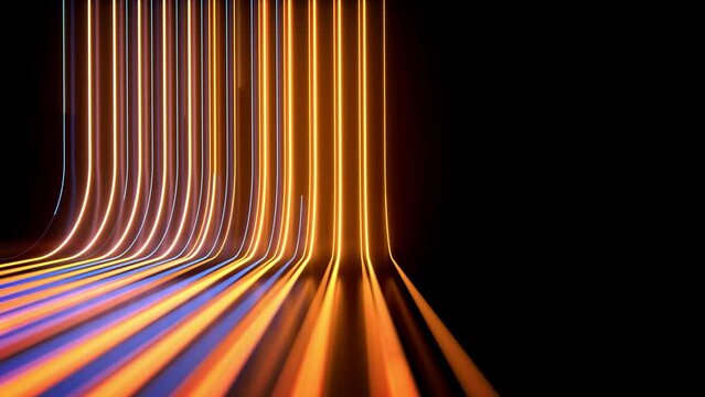 4k animated orange and red neon light stipes moved on a blured reflected wall
