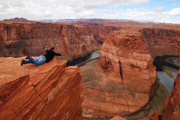 Flying on the Horseshoe Bend in Colorado River meander near Glen Canyon United States USA