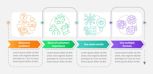 Elements of case study rectangle infographic template. Structure. Data visualization with 4 steps. Editable timeline info chart. Workflow layout with line icons. Myriad Pro-Bold, Regular fonts used