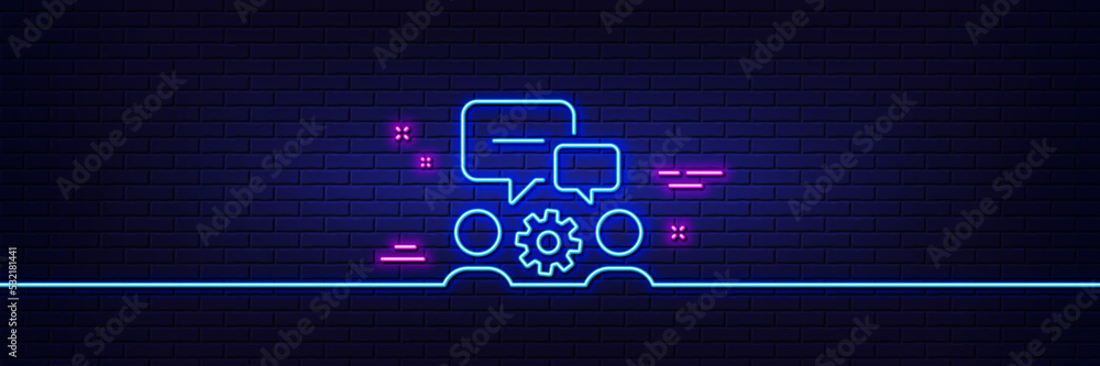 Poster neon light glow effect. engineering team line icon. engineer or architect group sign. working proces