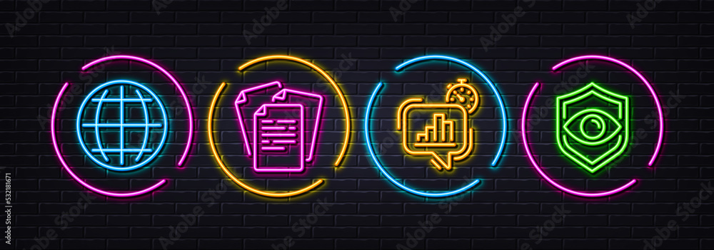Poster globe, documents and statistics timer minimal line icons. neon laser 3d lights. eye detect icons. fo