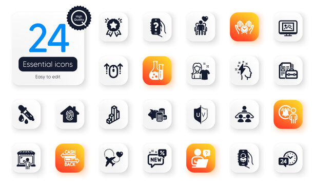 Set of Business flat icons. Help app, Vacancy and Clean shirt elements for web application. Ranking star, Brainstorming, Swipe up icons. Delivery app, 3d chart, Cashback card elements. Vector