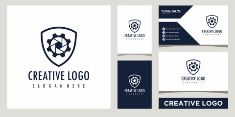 camera shutter with shield logo design template with business card design