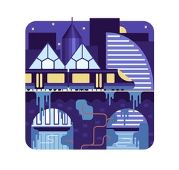 Metro train on bridge in megapolis night panorama. Vector illustration in flat stile